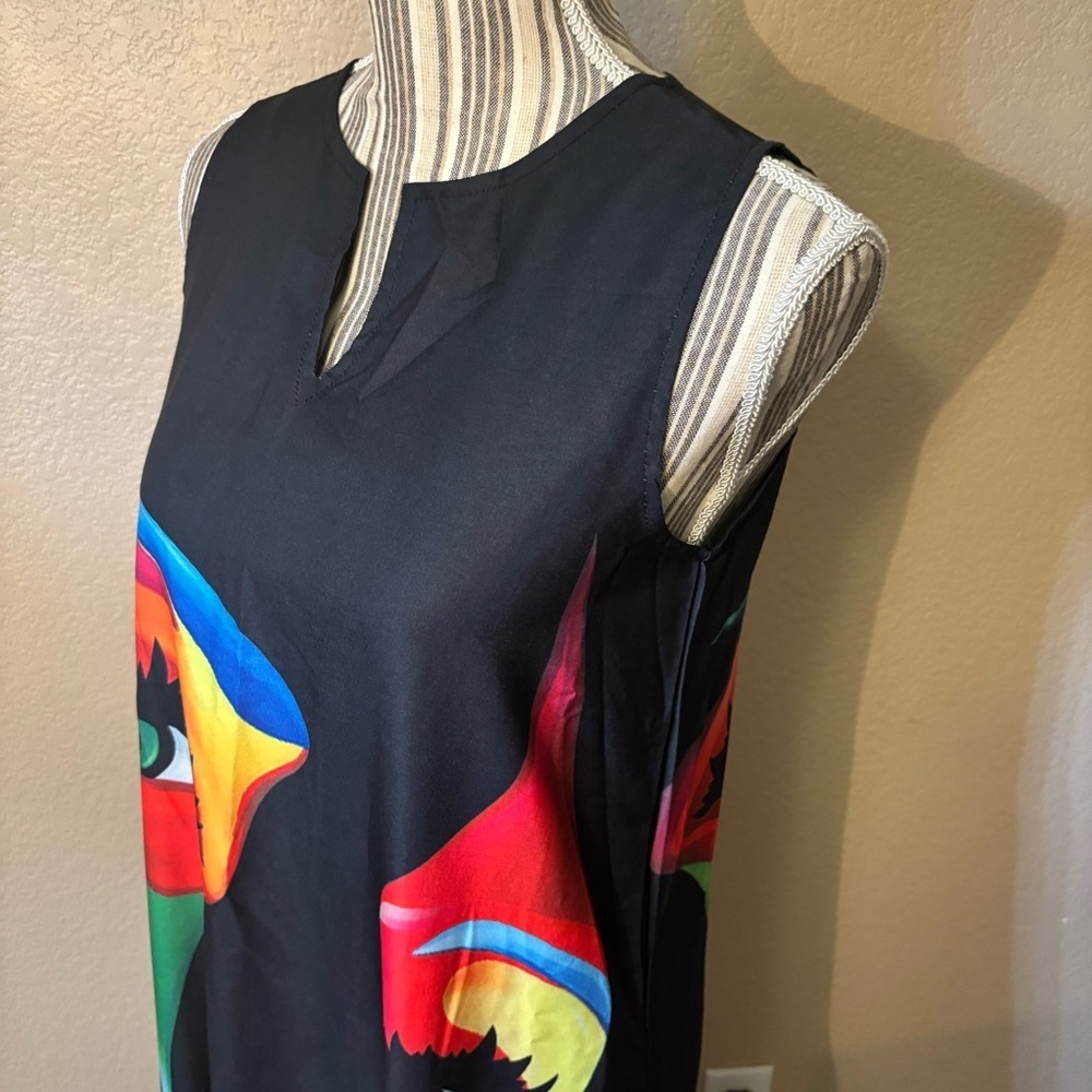 Festival Dress Small Black Multicolor Face Print Art Deco Sleeveless Maxi Colors - Picture 11 of 15